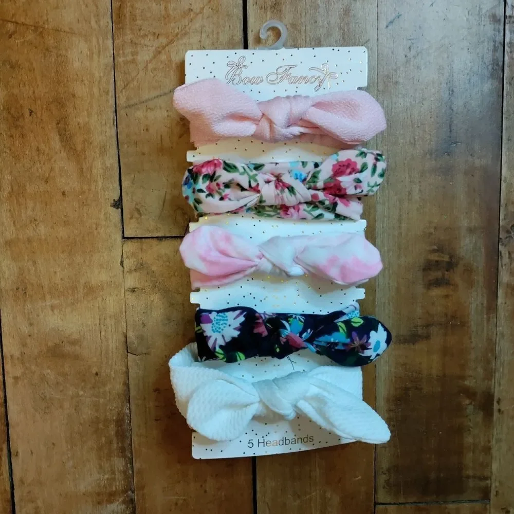 Baby girl headbands knot tie floral white pink bundle 5 holiday Christmas